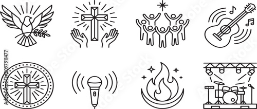Spiritual Faith and Worship icon set. Editable line icons. Vector illustration.
