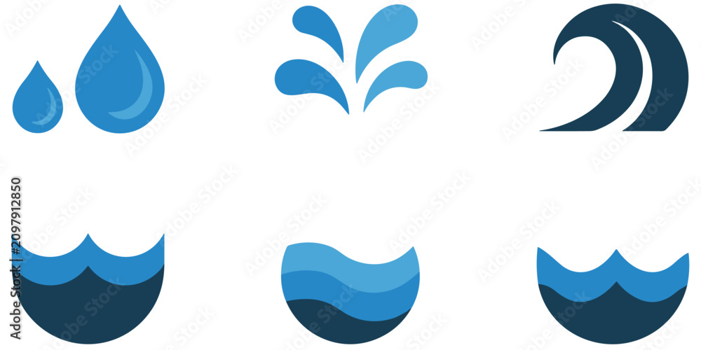 Naklejka premium Set of water drop, splash, and wave icons illustration for liquid or aqua concepts