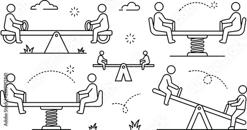 Obraz na plátne Children playing on seesaw teeter totter vector icon collection for playground o