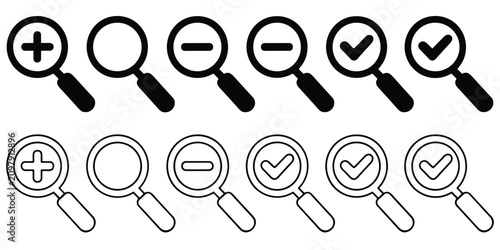 Konstfotografi Magnifying glass icons set plus minus zoom checkmark symbols for zoom in and zoo