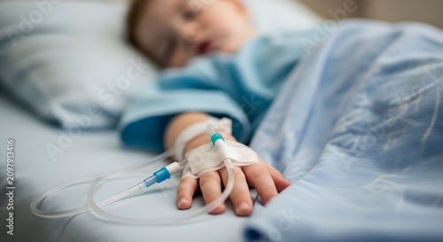 Hospital patient receiving intravenous therapy. Medical treatment in healthcare setting. Sick woman resting in hospital bed with IV drip.