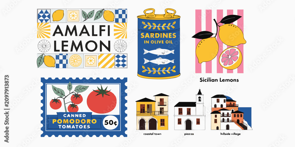 Naklejka premium Mediterranean Style Amalfi Lemons and Italian Sardines Poster Set