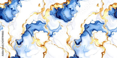 Abstract Royal Blue and Gold Fluid Ink Texture, Seamless Luxury Marble Pattern, White Stone Backdrop with Dynamic Blue Smudge and Golden Veins for Premium Branding, Modern Wall Art Design