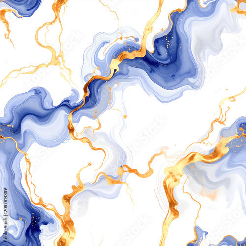 Elegant Blue Fluid Art Background with Splashes of Gold Foil, Seamless Marble Texture Vector Pattern, Luxury Alcohol Ink Abstract Design for Premium Branding, Fashion Textile, Cosmic Wave Poster