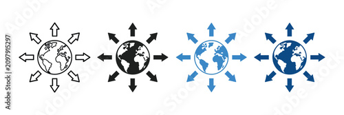 Global network connection icons featuring world expansion and connectivity symbols with clean minimalist vector graphics for international communication, internet technology, global business, networki