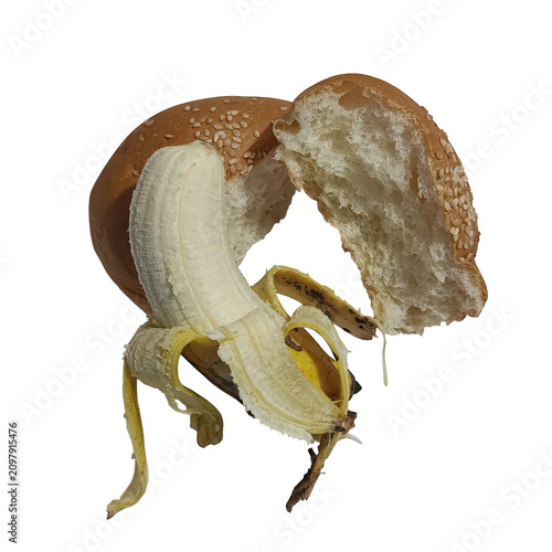 Fotografi Sliced bread and peeled banana against a black background fruit