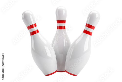 Three bowling pins with red stripes isolated on transparent background
