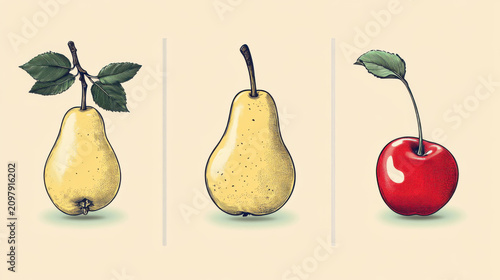 Hand drawn ink sketch and watercolor stain fruits seamless pattern.