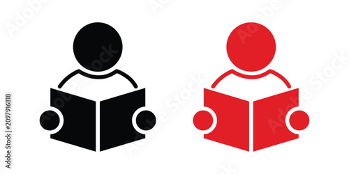 Minimalist reading person icon set, black and red student avatar with book, educational vector symbols for literacy and learning apps