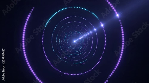 Abstract Motion Graphics of Concentric Glowing Blue and Purple Light Circles Rotating in a Dark Digital Tunnel with Copy Space