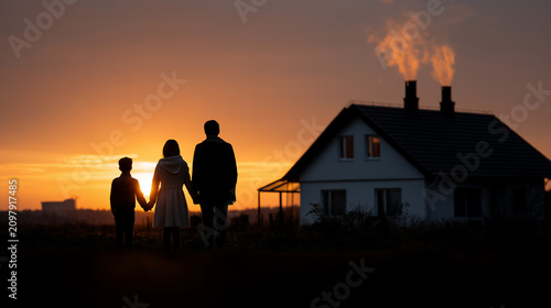 Peaceful Family Scene In Front Of Cozy Home During Golden Sunset