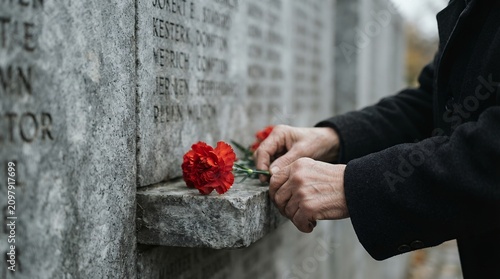 Hands placing red carnation on granite memorial wall in close up shot