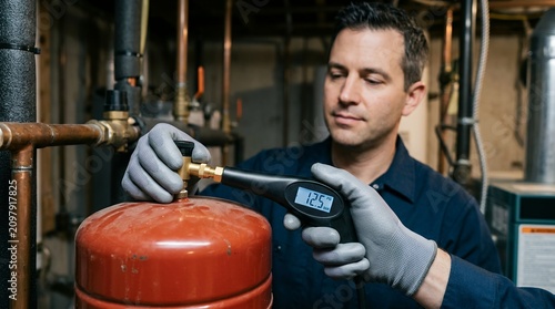 Technician checking pressure on heating system expansion tank in workshop setting