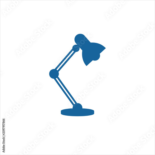 High-quality vector illustration of a modern blue desk lamp on a white background, featuring clean lines and a flat design aesthetic with vibrant colors and ample copy space.