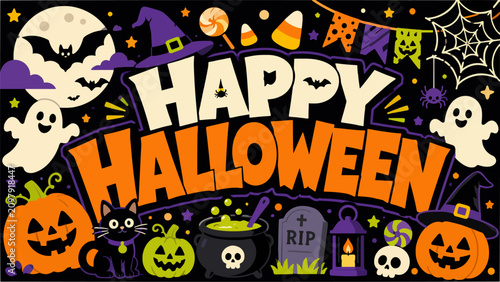 Colorful Happy Halloween greeting illustration featuring pumpkins, ghosts, and spooky elements on a starry night.