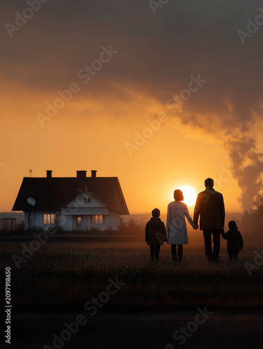 Peaceful Family Scene In Front Of Cozy Home During Golden Sunset