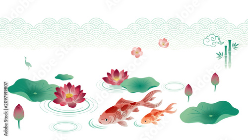Foto Colorful koi fish swimming in a decorative pond with lotus flowers and lily pads