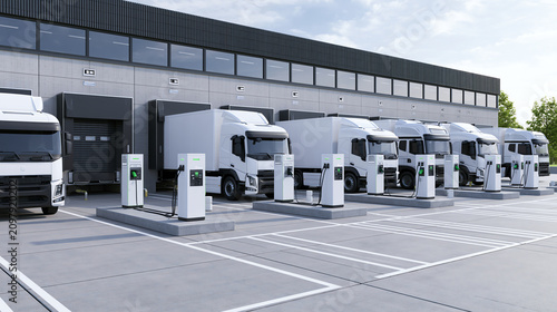 Electric trucks charging at a warehouse