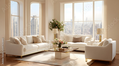 Elegant living room interior featuring plush white sofas and a glass coffee table set against large windows with city views