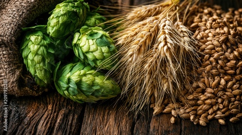 Fresh green hop cones spilling out of burlap sack alongside golden wheat stalk and scattered barley grain on dark rustic wooden surface background