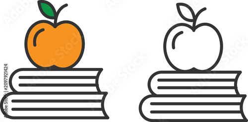 Schilderij op canvas Apple on Books Icon Set - Education Outline and Color Vector Illustration