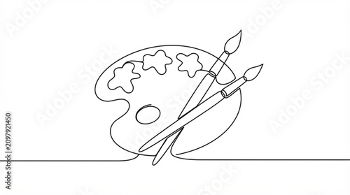 Continuous line art vector of an artist paint palette and paintbrushes outline