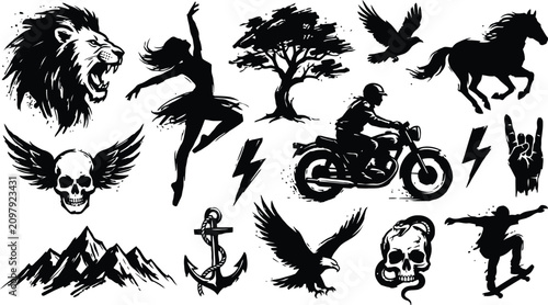 Diverse black silhouette collection animals nature motorcycles and symbolic elements for graphic design
