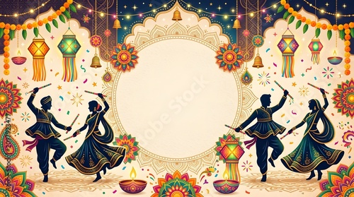 Silhouetted indian couples performing traditional garba dance with wooden sticks during the vibrant navratri festival celebration featuring glowing lanterns and colorful floral rangoli patterns