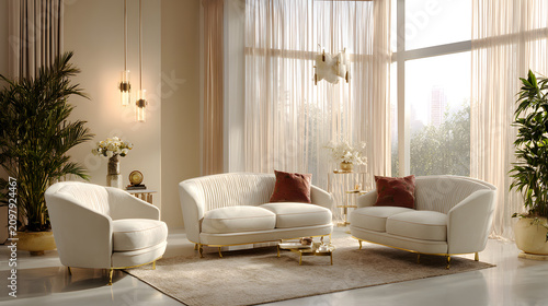 Elegant cream white sofas with golden legs and plush pillows arranged in a bright and spacious modern luxury living room