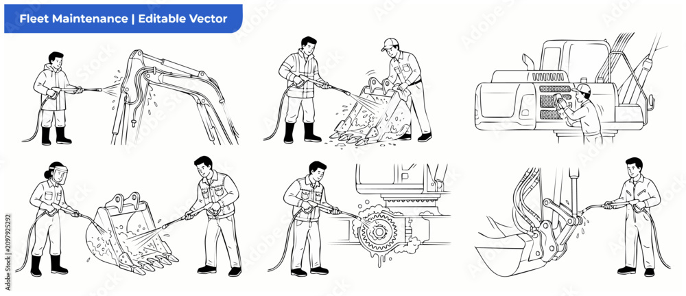 Obraz premium Heavy Equipment Pressure Washing Vector Set with Construction Workers Cleaning Excavator Machinery, Fleet Maintenance Outline Illustration and Line Art Icons for Industrial Service Concepts