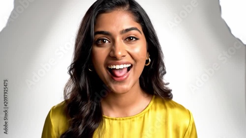 Excited young woman showing peace sign with cheerful expression isolated on light background