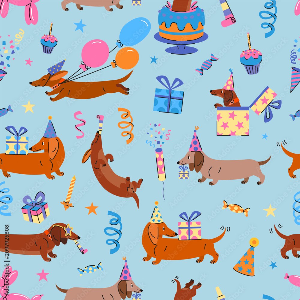Fototapeta premium Birthday Dachshunds Seamless Pattern with Party Elements