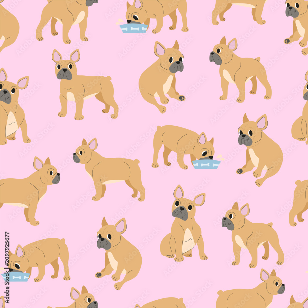Fototapeta premium Seamless French Bulldog Pattern with Cute Dogs on Pink Background