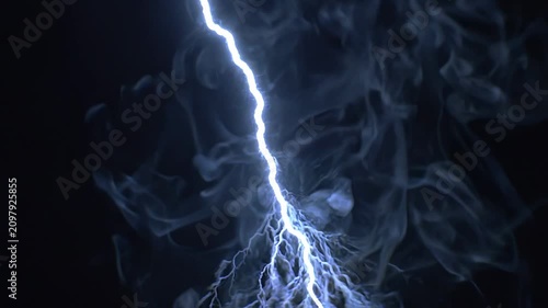 Bright lightning bolt strikes through dark clouds, illuminating swirling smoke and creating a dramatic atmosphere in a night sky