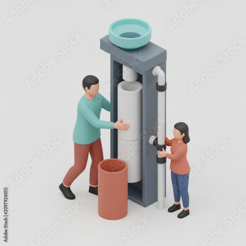 Miniature people assembling a home water filtration system