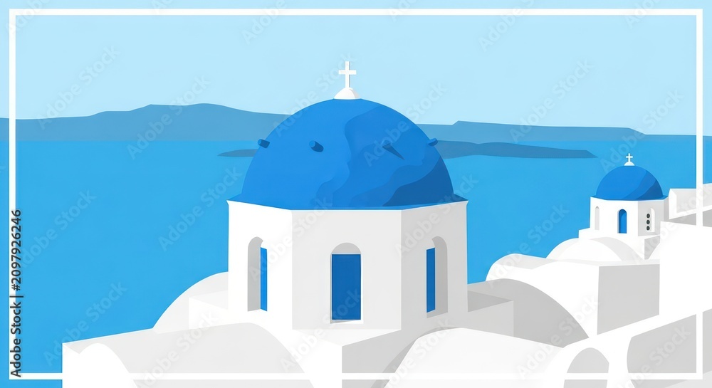 Obraz premium Blue domed buildings by the sea.