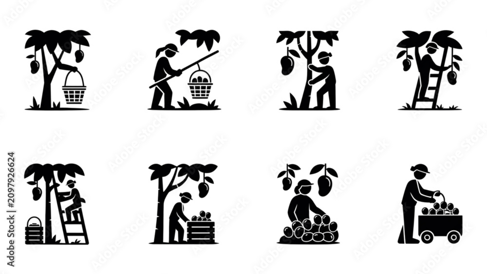 Obraz premium Set of eight black and white vector icons showing people gardening and relaxing outdoors Vector