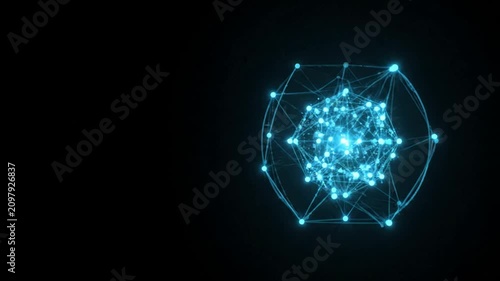 Abstract digital network visualization of a glowing blue plexus structure rotating slowly on a dark background with copy space
