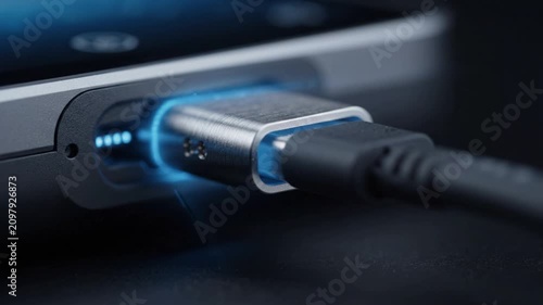 Close up of a USB-C cable being plugged into a smartphone with glowing blue light effect, representing fast charging or data transfer concept, macro view with copy space