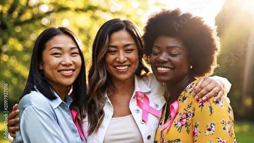Three Diverse Women Wearing Pink Ribbons Hugging Together in Park for Breast Cancer Awareness and Support