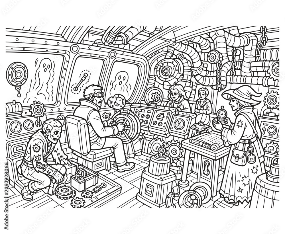 Fototapeta premium Steampunk crew navigates submarine with gears, pipes, and spooky ghost details.