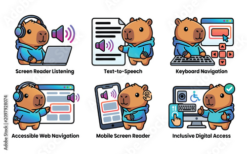 Cute Kawaii Screen Reader Character with Text to Speech, Accessible Web Navigation and Mobile Screen Reader, Isolated Transparent PNG, Suitable for Digital Accessibility and Assistive Technology