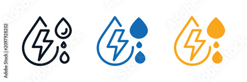 Water drop icons featuring lightning bolt symbols with clean minimalist vector graphics for electrolyte hydration, energy drinks, sports nutrition, wellness products, and healthy beverage branding.