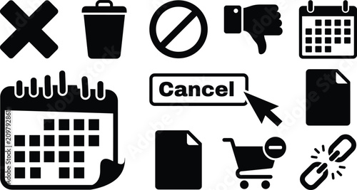 Photos Interface deletion and action cancel icon set featuring cross calendar trash bin