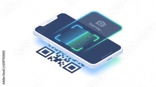 Картината върху платно Isometric smartphone scanning a qr code with glowing digital interface for secur