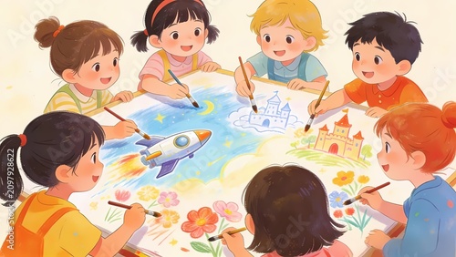 Children Painting Their Dreams Together in a Circle – Creative Collaboration and Imagination