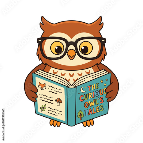 Cute owl reading book kids learning vector illustration for education and school design projects