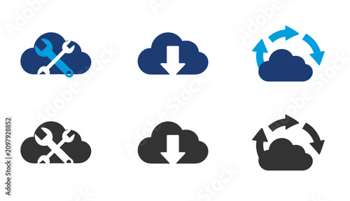 Cloud services icons set maintenance download and synchronization color and monochrome versions