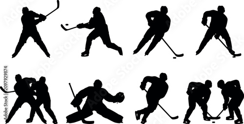 Photography Dynamic ice hockey player silhouettes in action poses with goalie and puck contr