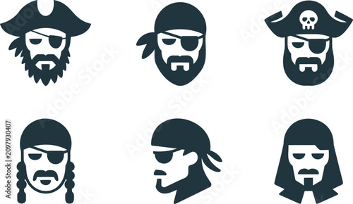 Принти на полотні Set of six different pirate faces with various beards and headgear on white back